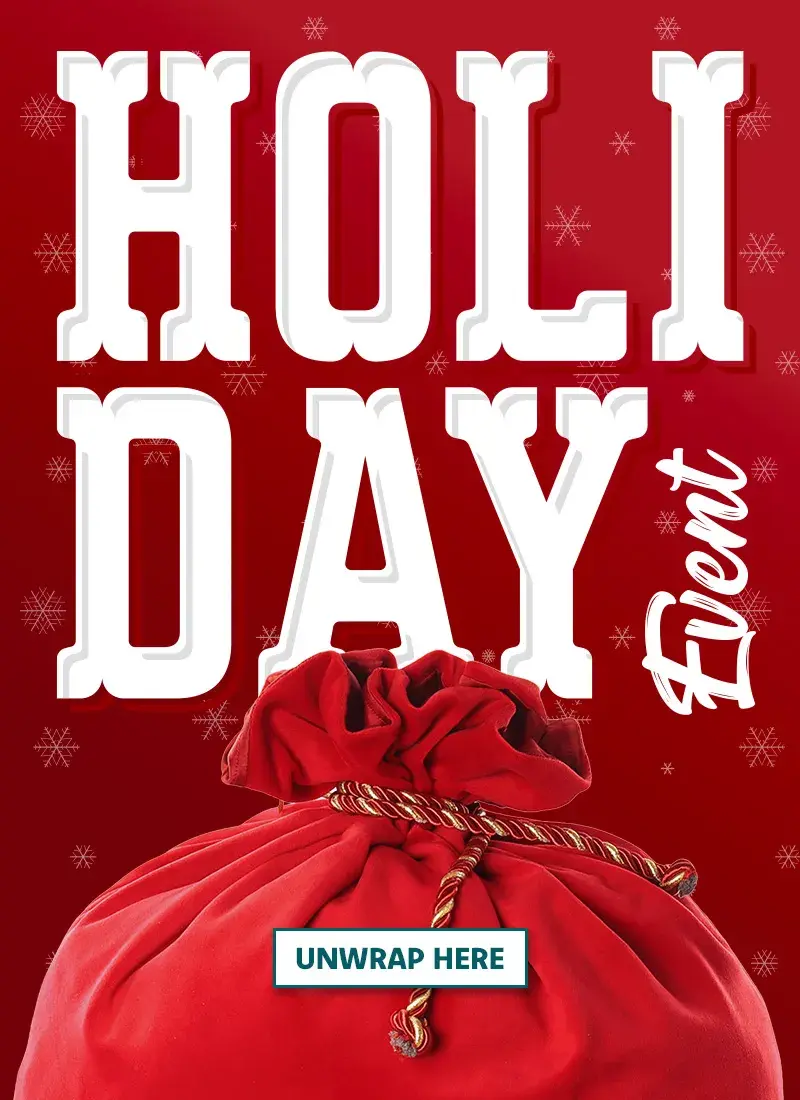 Homes By Avi Holiday Event graphic featuring a red gift bag with snowflakes in the background and a button with the text "unwrap here"